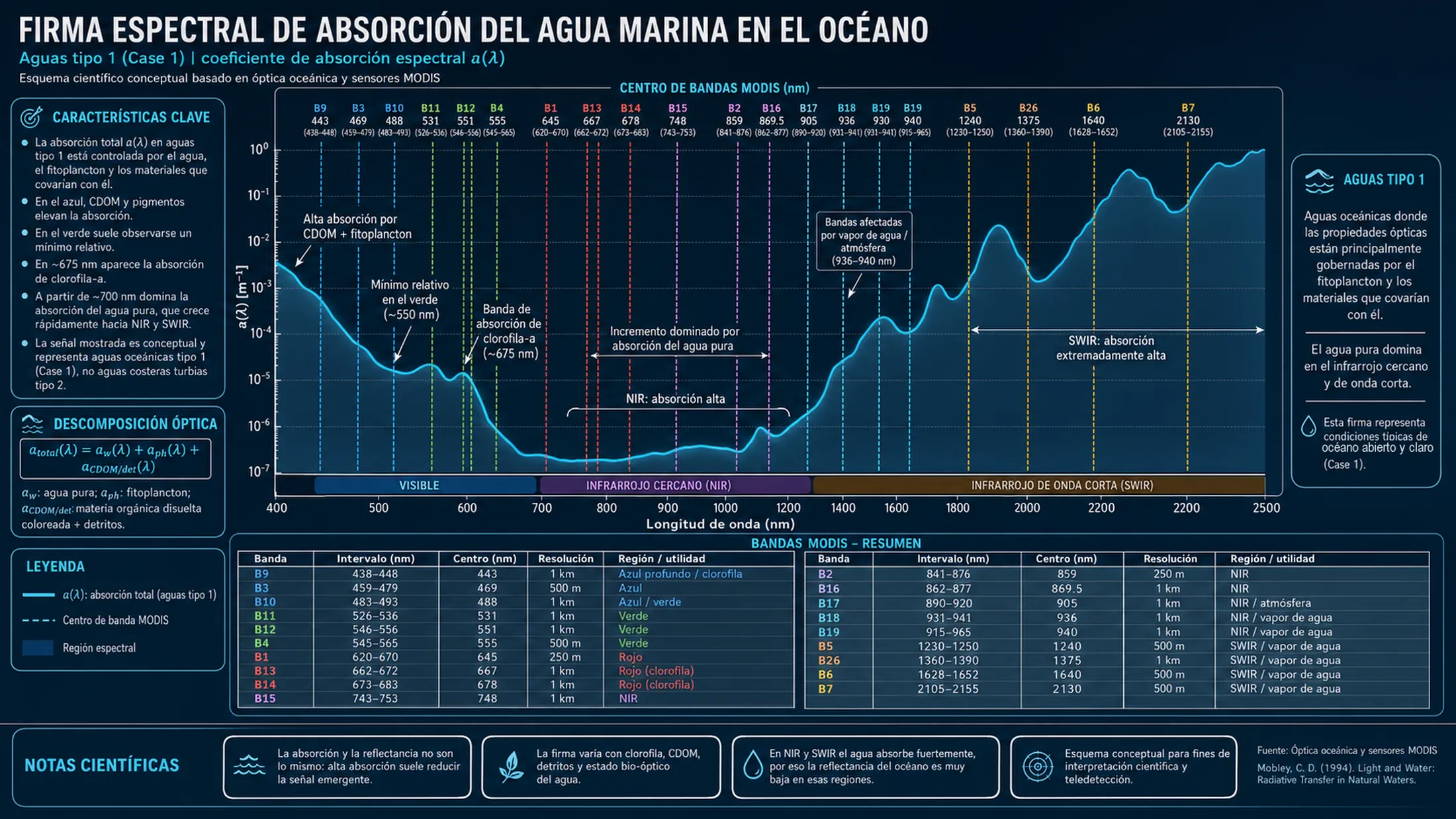 Firma espectral de absorción del agua marina (aguas tipo 1)